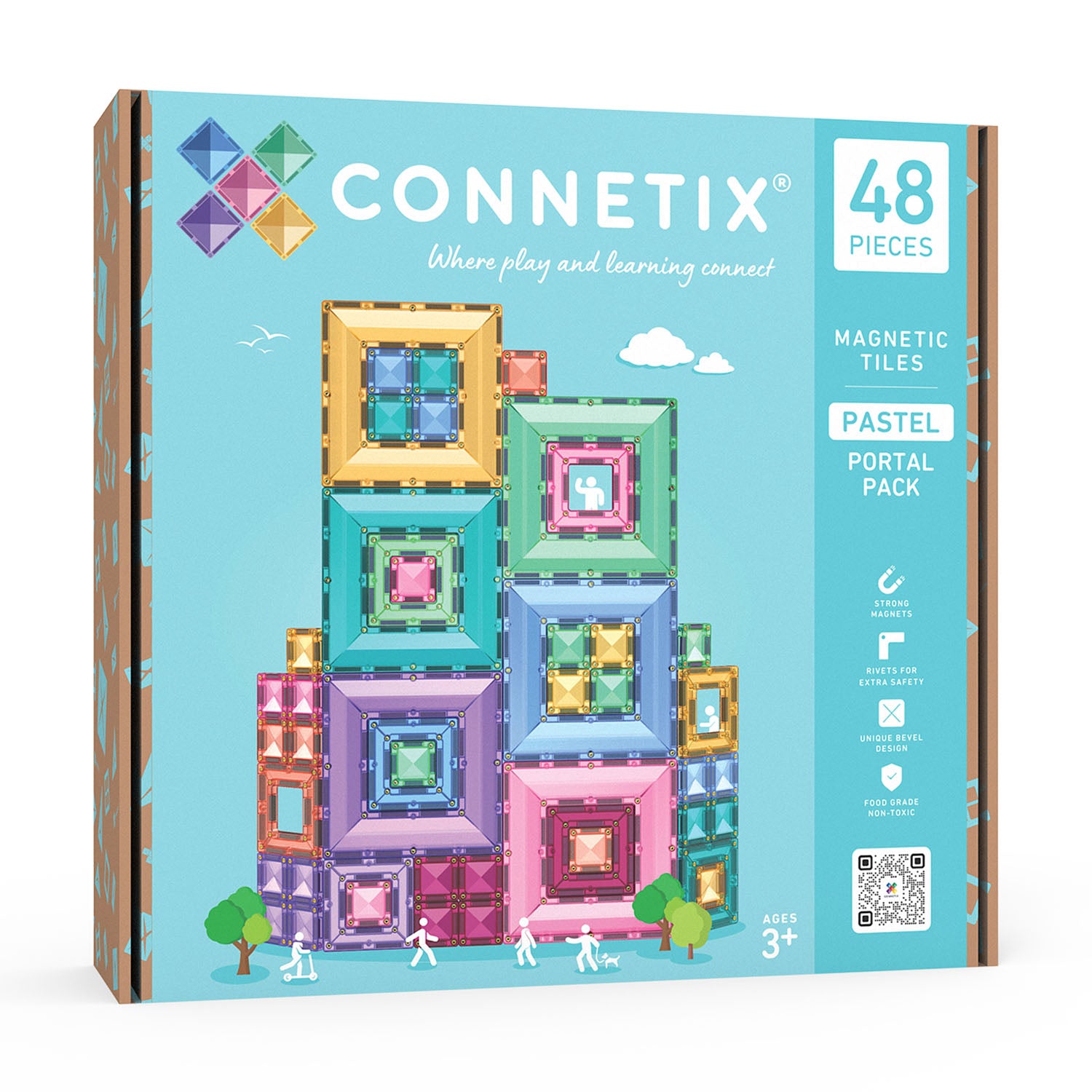 Connetix Pastel Portal Pack 48 pc magnetic tile set in soft pastel colours.