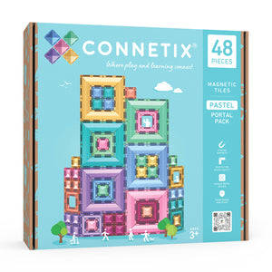 Connetix Pastel Portal Pack 48 pc magnetic tile set in soft pastel colours.