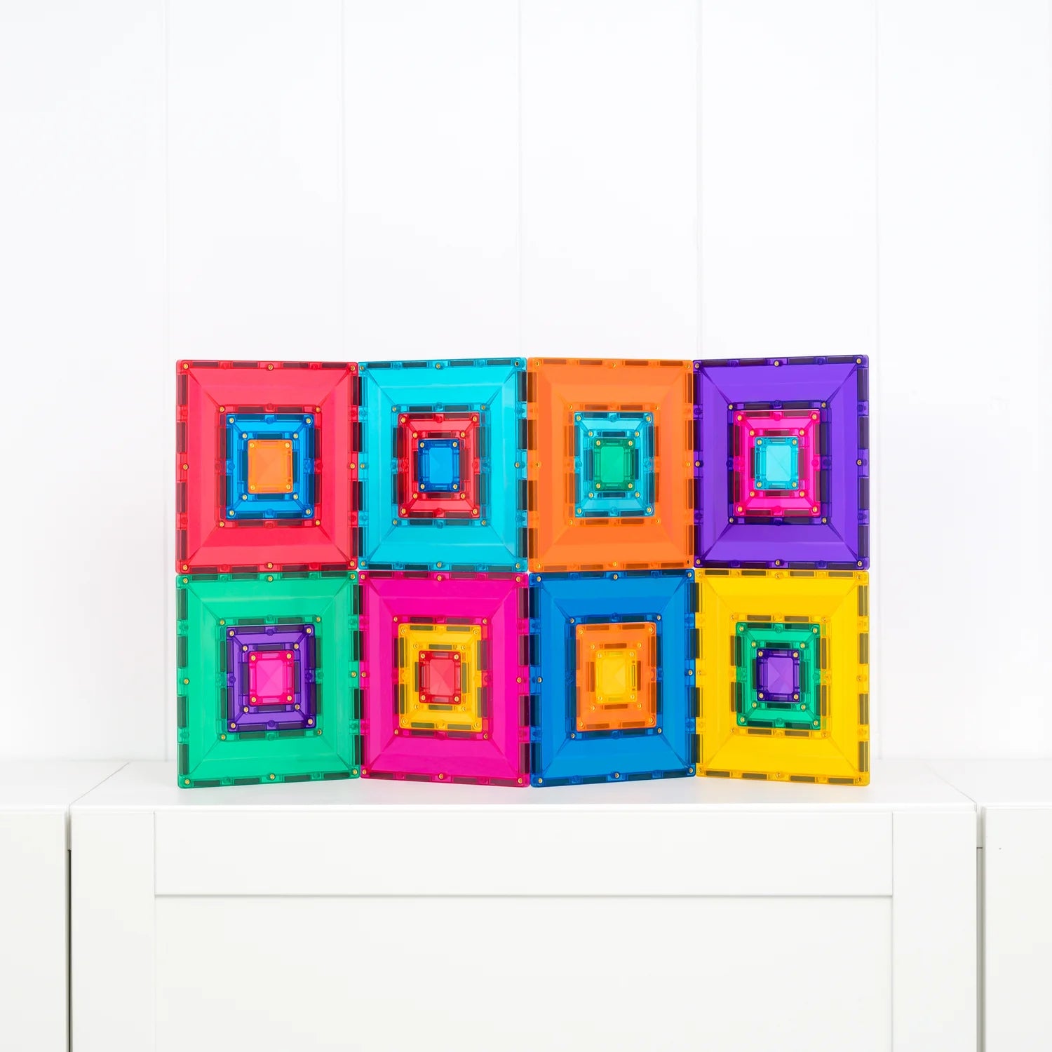 Multi-size portal squares neatly stacked in a magnetic tile set