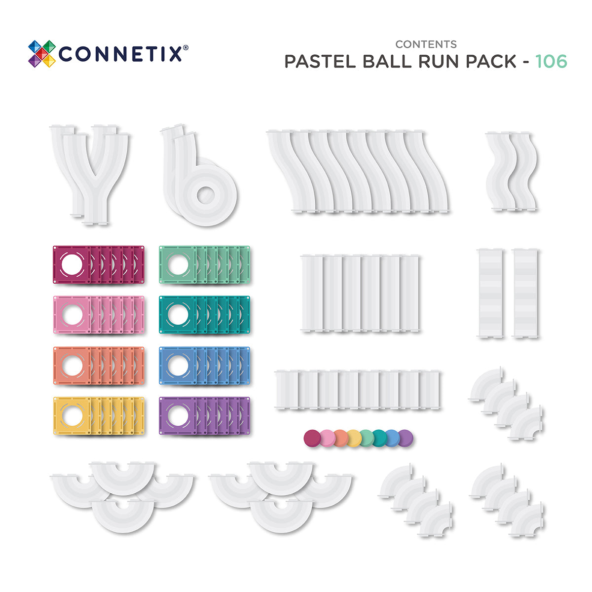 Connetix pastel connector tiles, S-bend tubes, split tubes, wooden balls and mores.