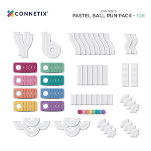 Connetix pastel connector tiles, S-bend tubes, split tubes, wooden balls and mores.