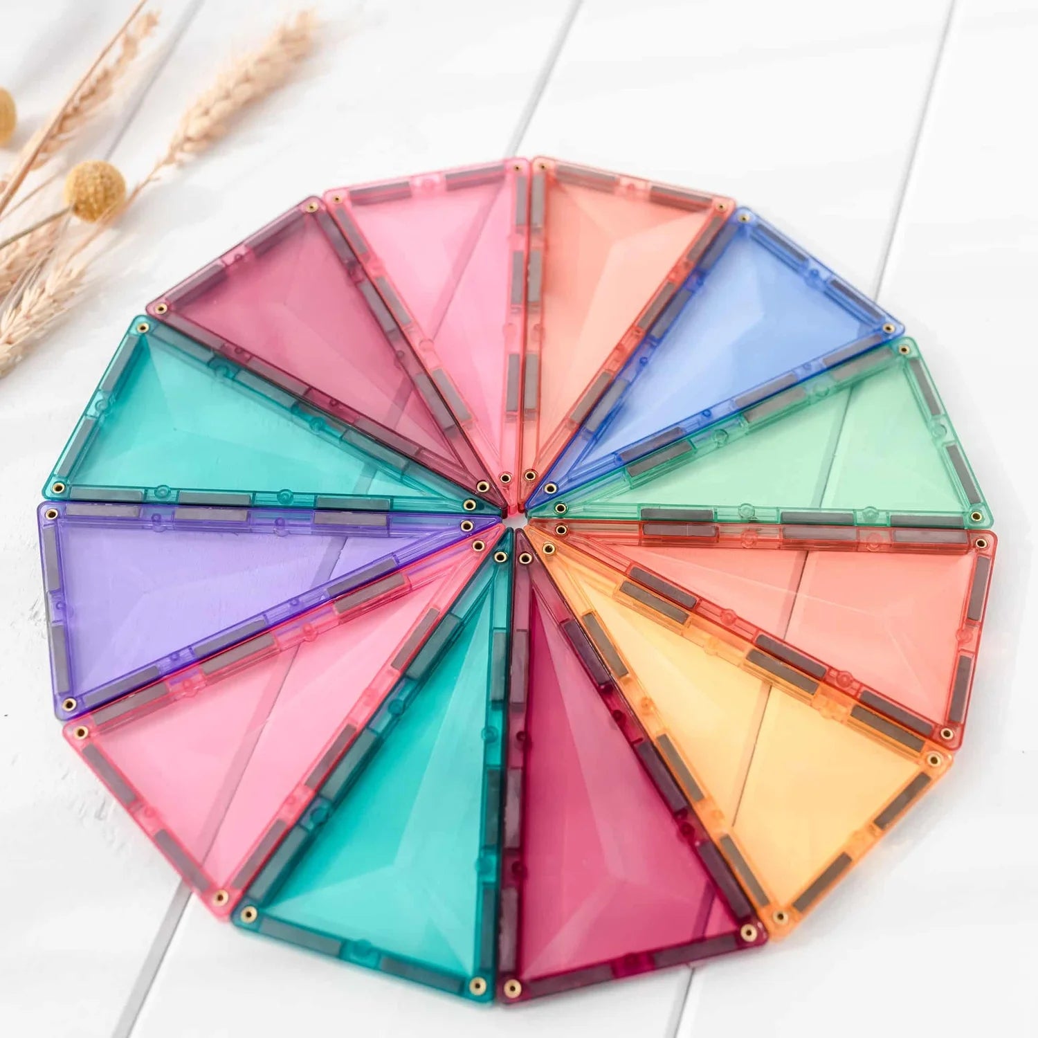 Pastel coloured Connetix tiles for imaginative play.