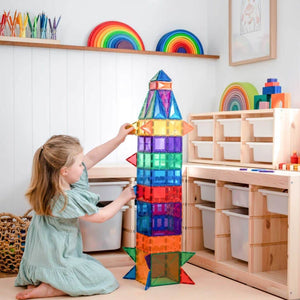 Kids creating castles and rockets with Connetix magnetic tiles