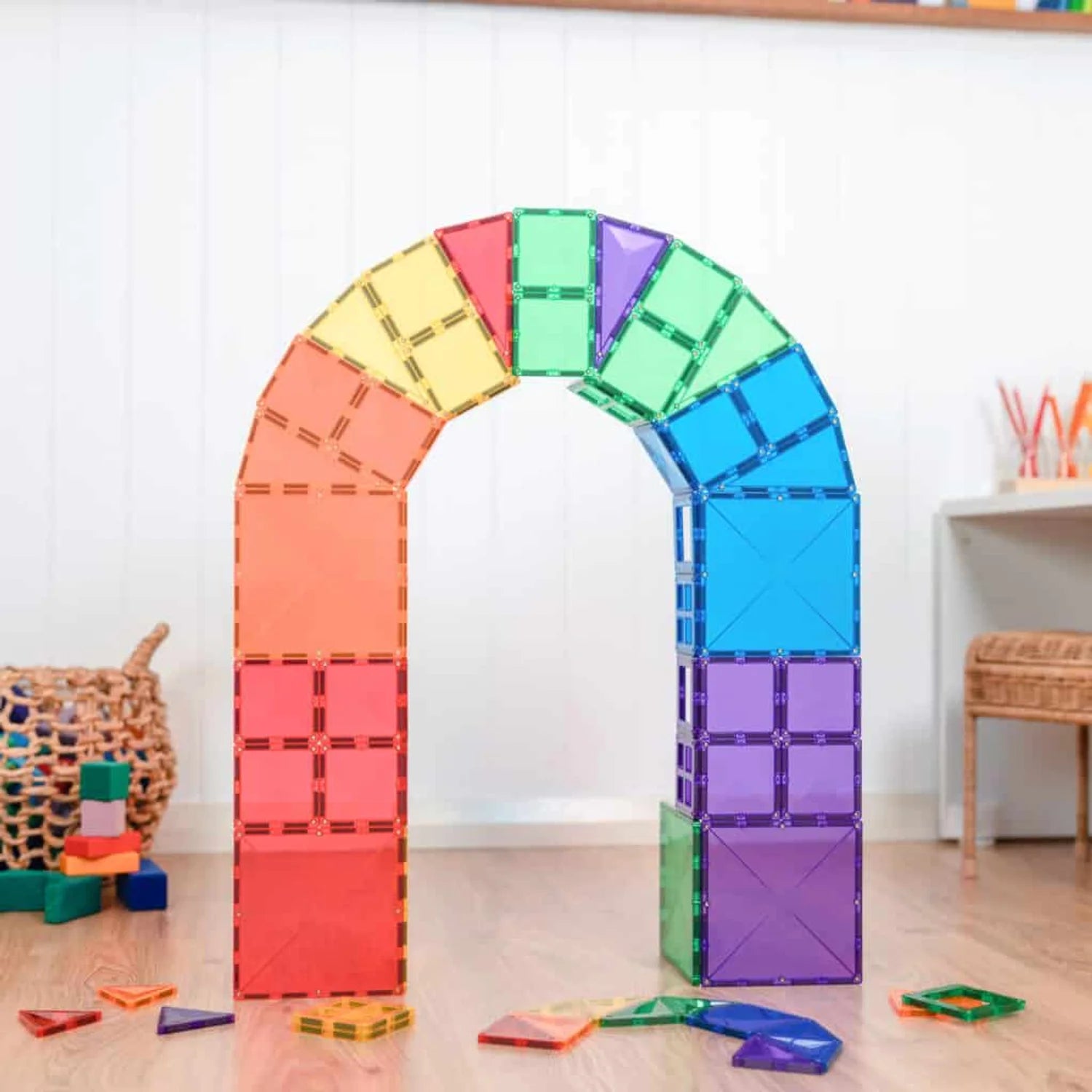 Bright rainbow magnetic tiles for imaginative play