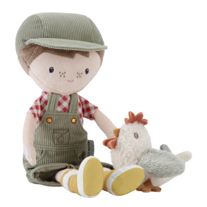 Close up of farmer jim face and chicken.