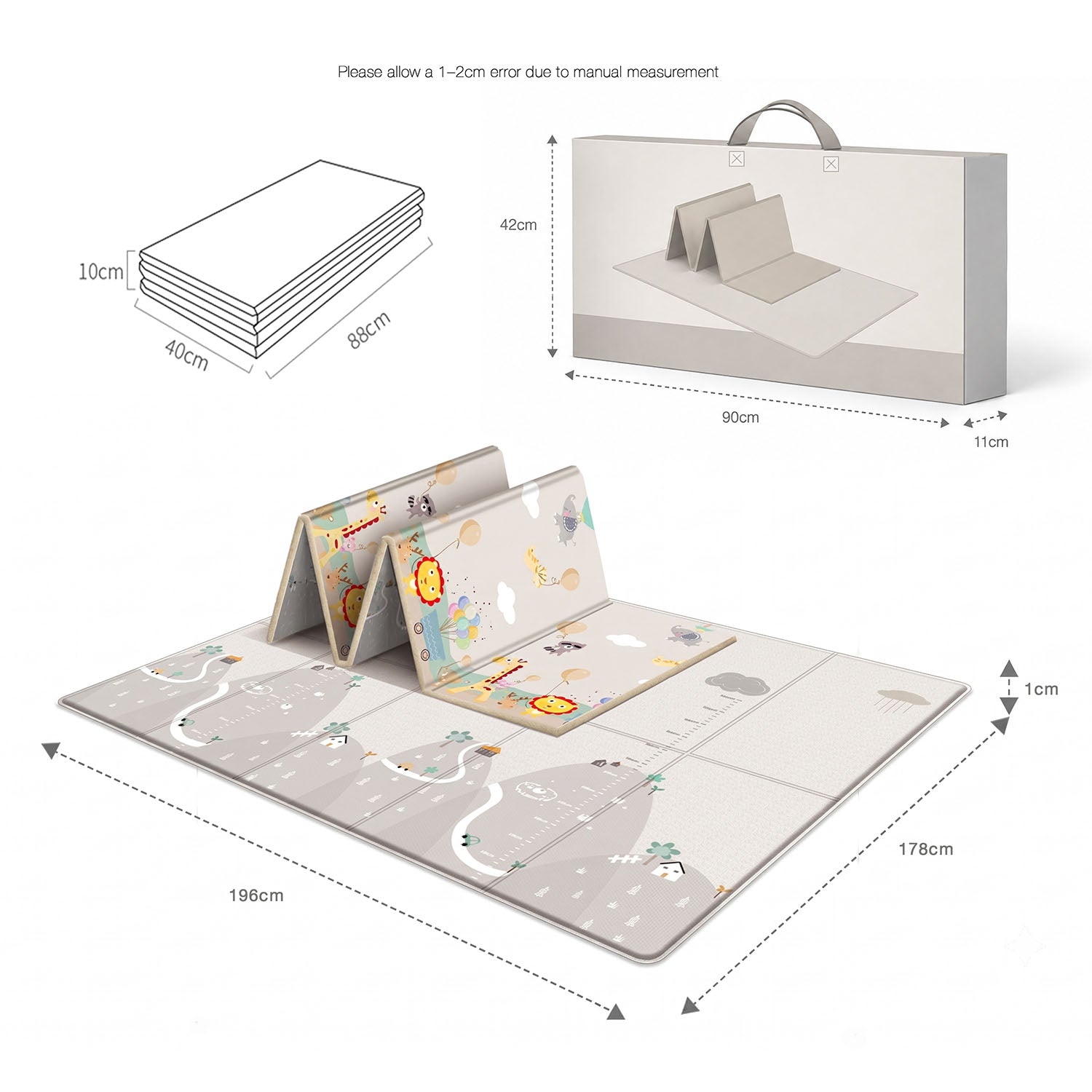 Informational graphic illustrating the play mat's unfolded dimensions of 196 by 178 centimetres and its compact folded state.