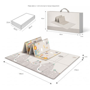Informational graphic illustrating the play mat's unfolded dimensions of 196 by 178 centimetres and its compact folded state.