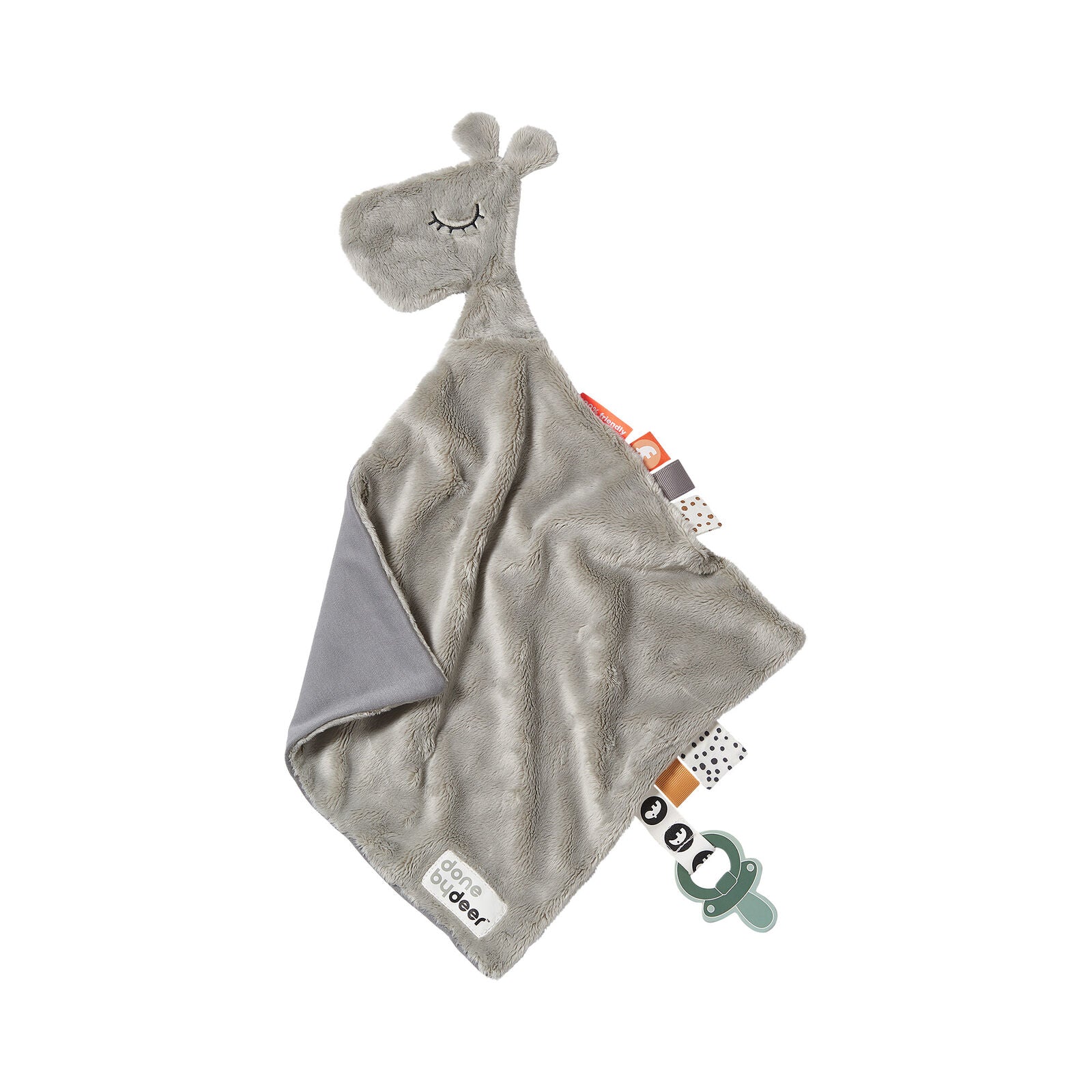 Gray plush toy with a tag on a white background