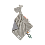Gray plush toy with a tag on a white background