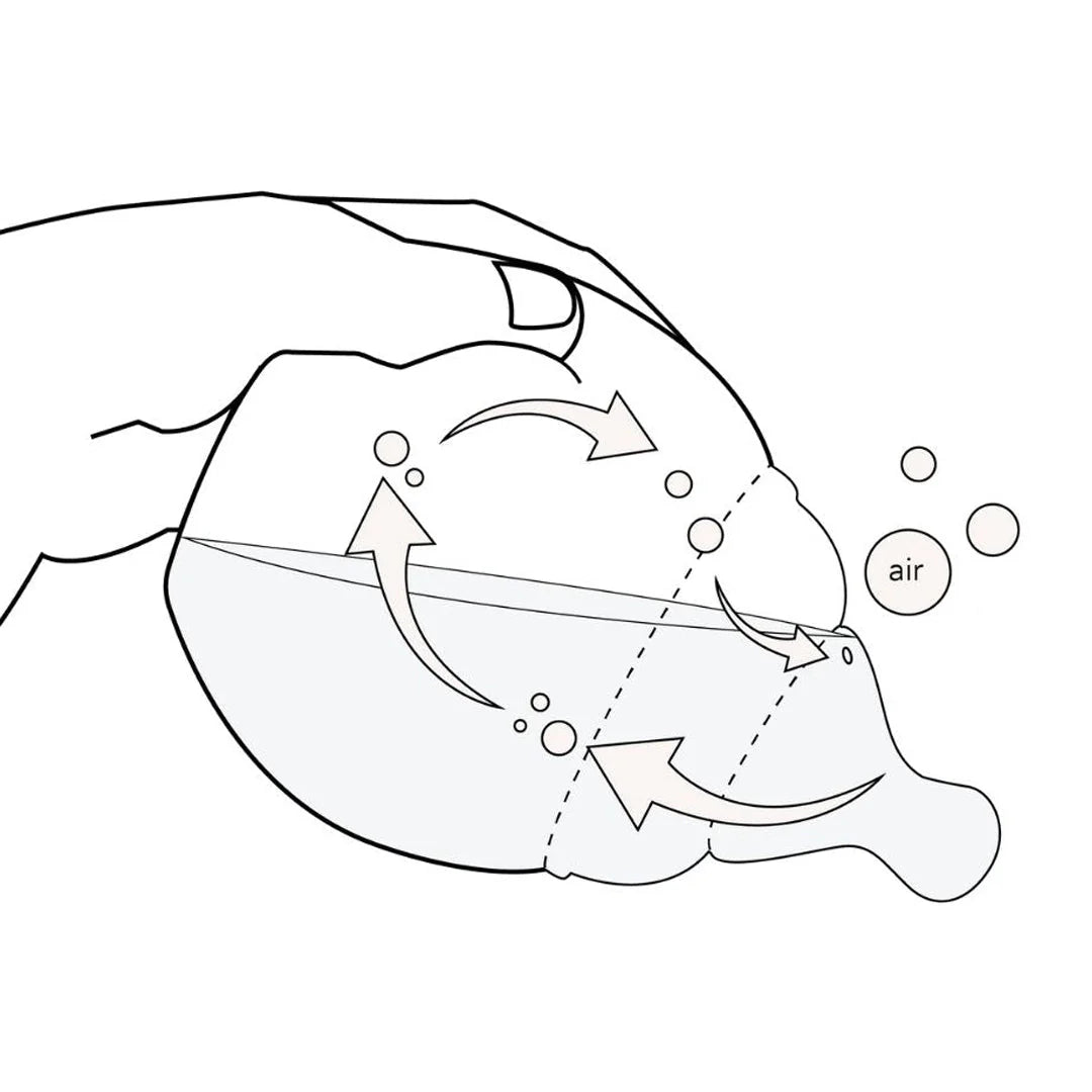 Diagram of a dolphin breathing process with arrows and bubbles on a white background
