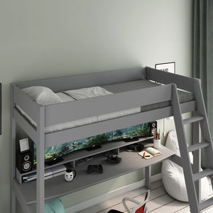 Space-saving grey high sleeper with gaming setup