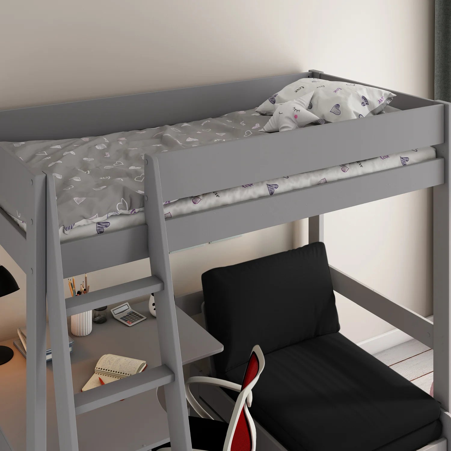 Estella High Sleeper 1 with Sofa Bed and Desk in Grey