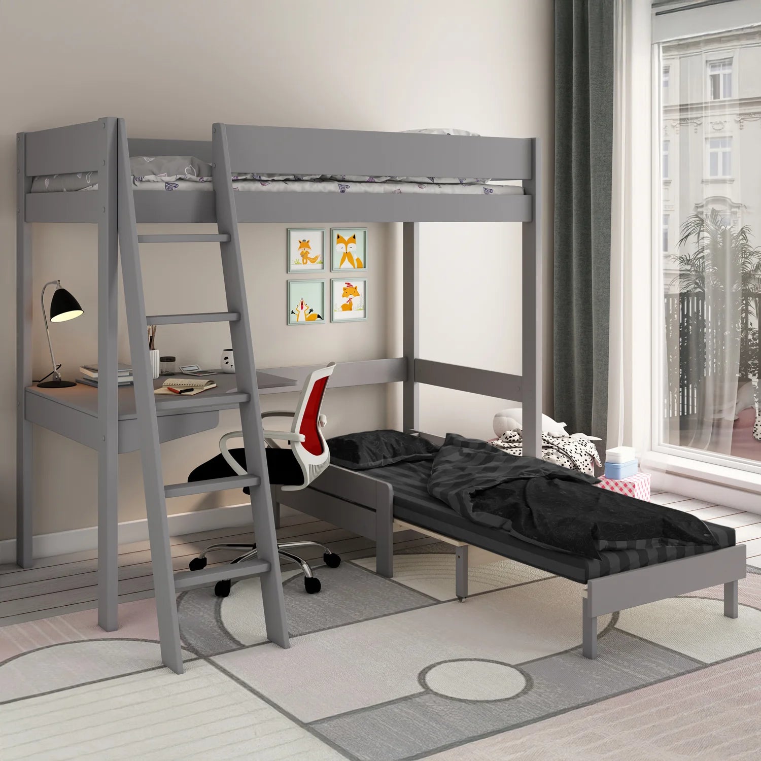 Estella High Sleeper 1 with Sofa Bed and Desk in Grey