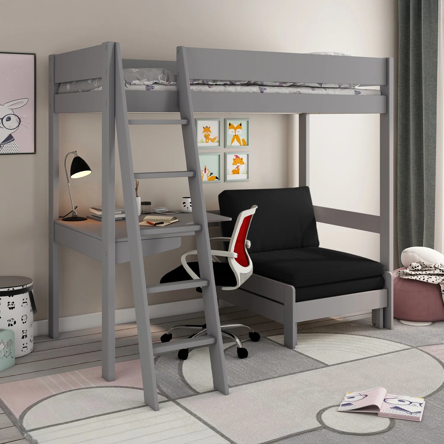 Estella High Sleeper 1 with Sofa Bed and Desk in Grey