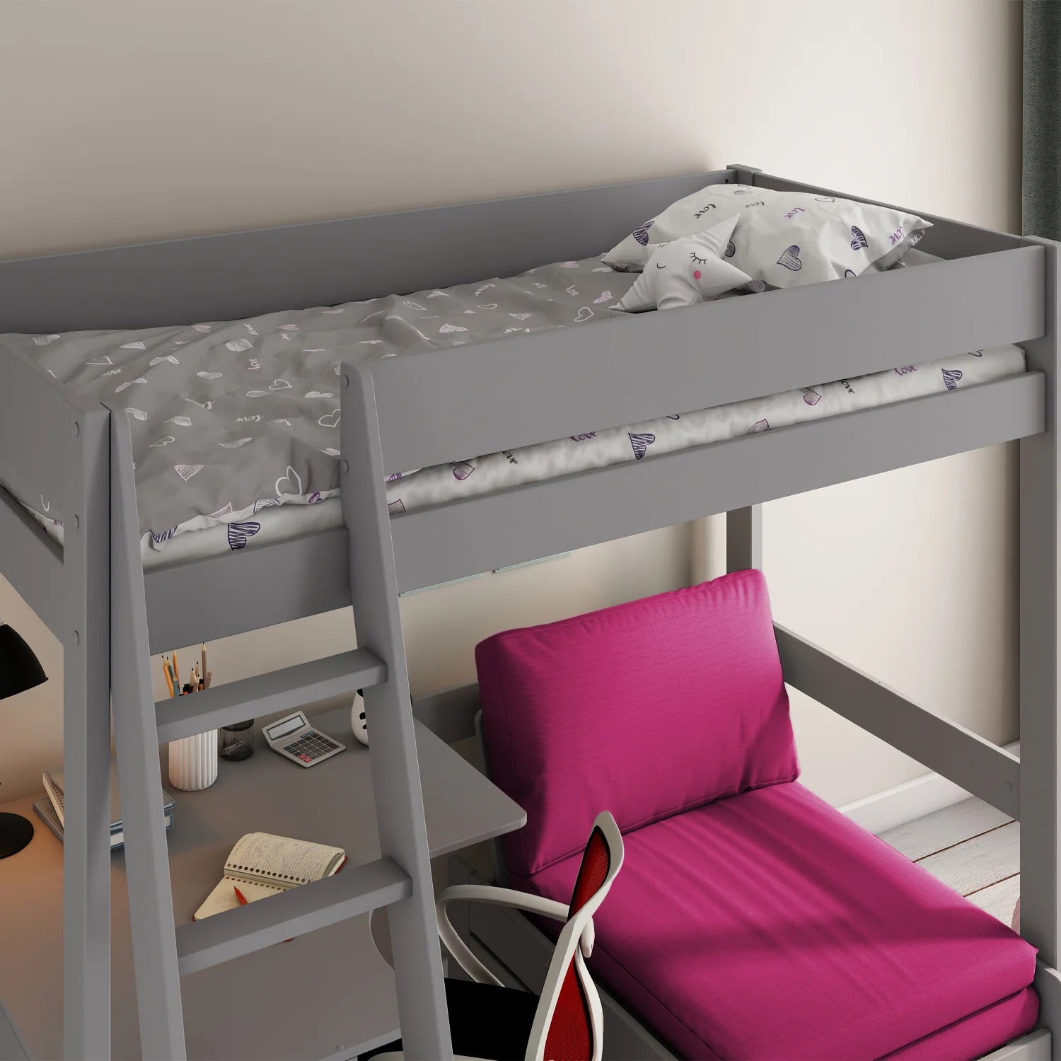 Estella High Sleeper 1 with Sofa Bed and Desk in Grey