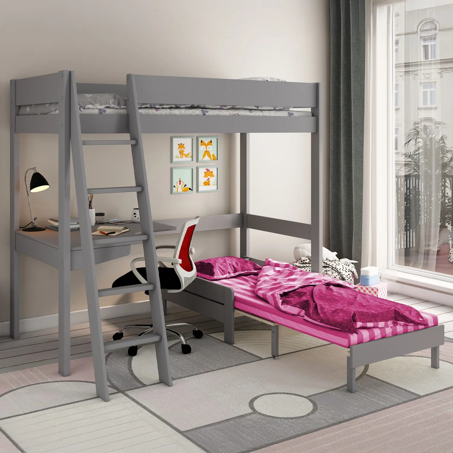 Estella High Sleeper 1 with Sofa Bed and Desk in Grey