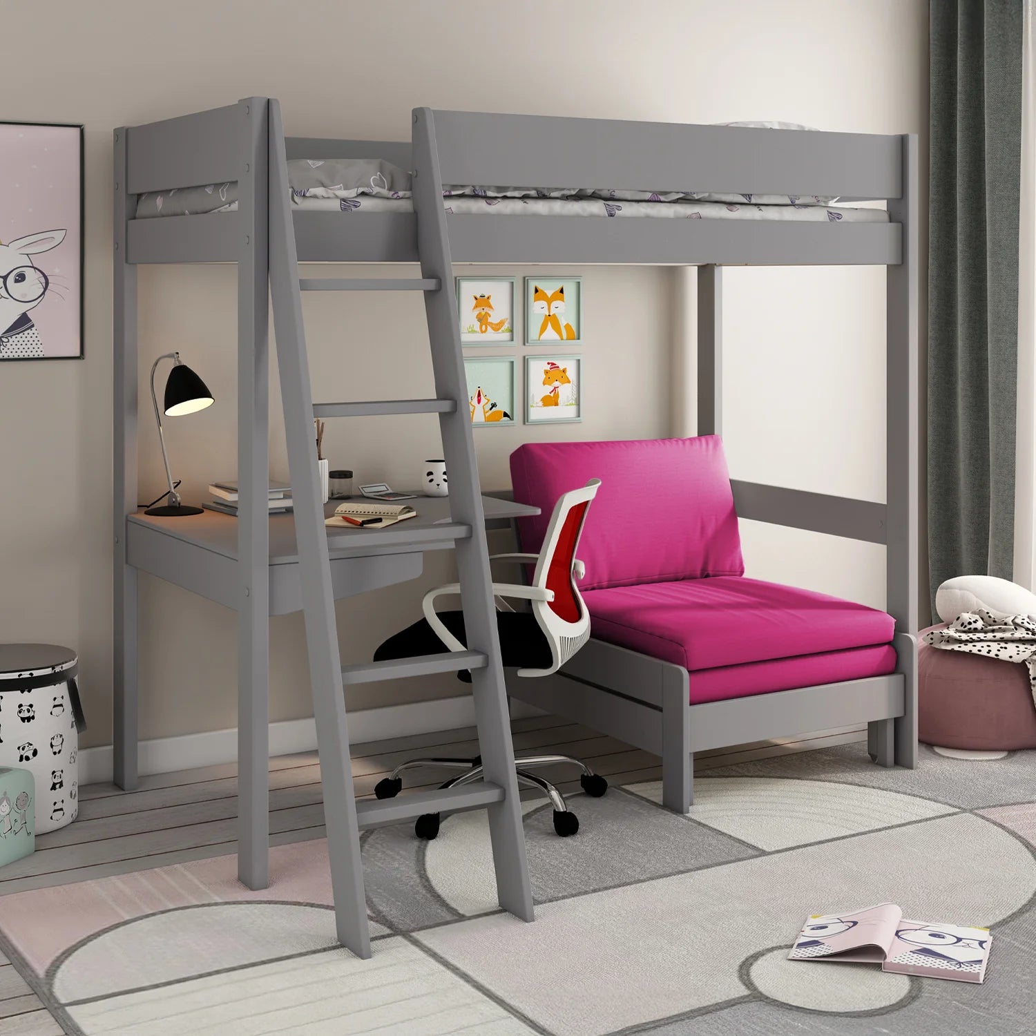 Estella High Sleeper 1 with Sofa Bed and Desk in Grey