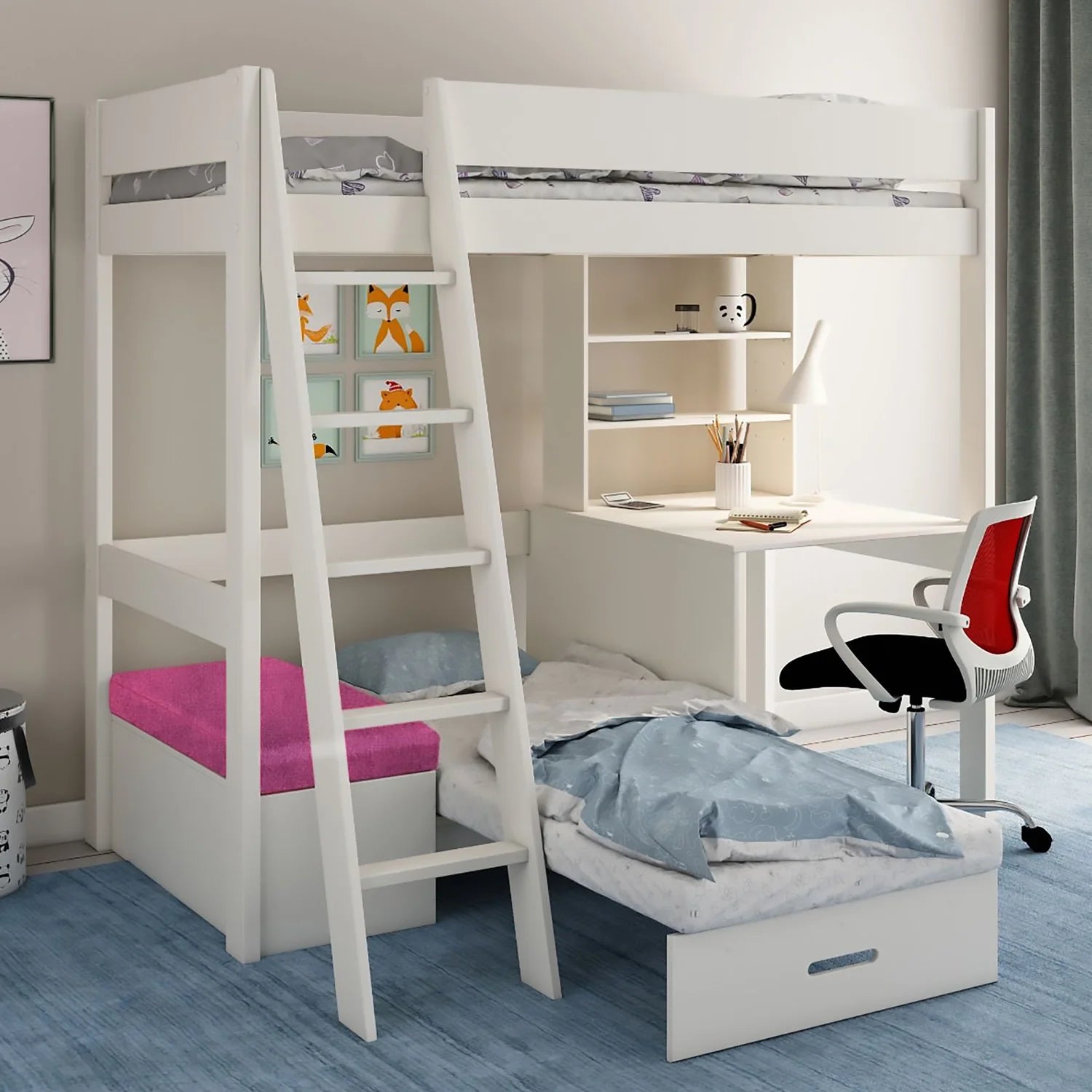 White loft bed with desk and chair in a room setting
