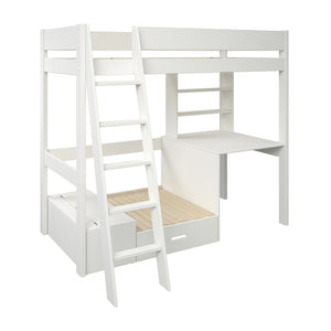 Space-saving white highsleepers with built-in furniture