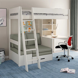 Estella White High Sleeper Bed with Storage, Desk & Silver Futon