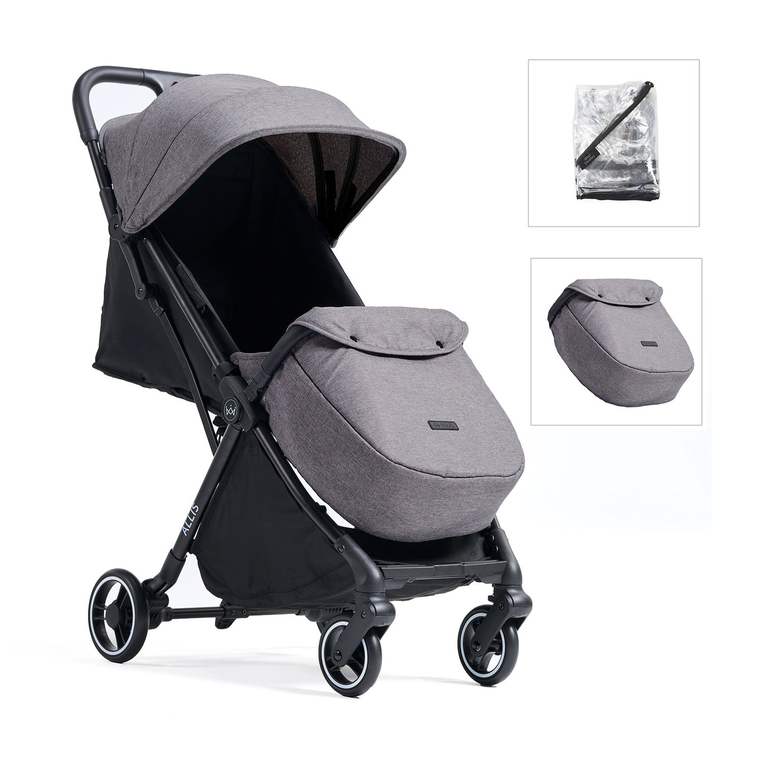 Grey Flick auto-fold stroller, complete with a grey footmuff and rain cover.