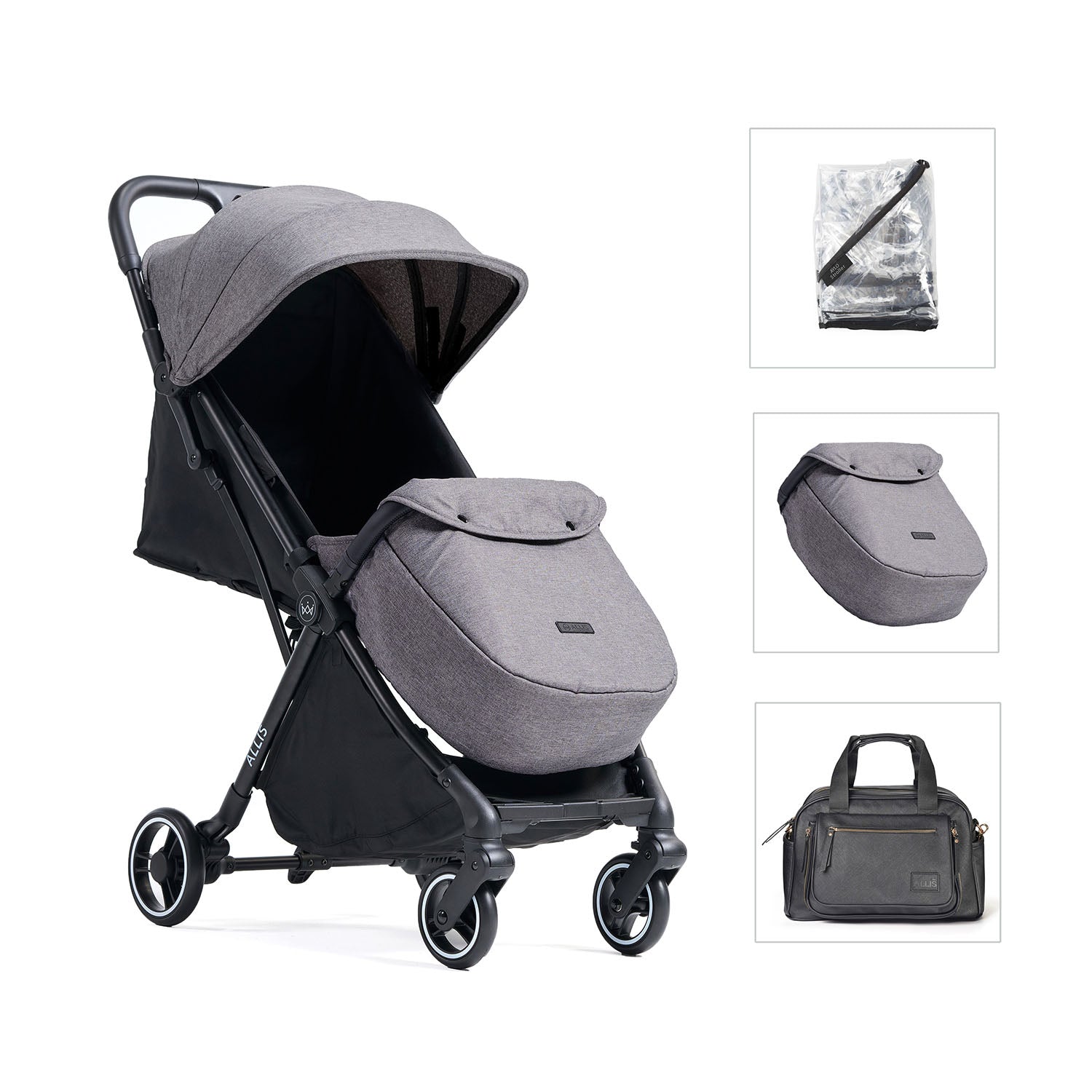 Gray and black stroller with matching bag and accessories on a white background