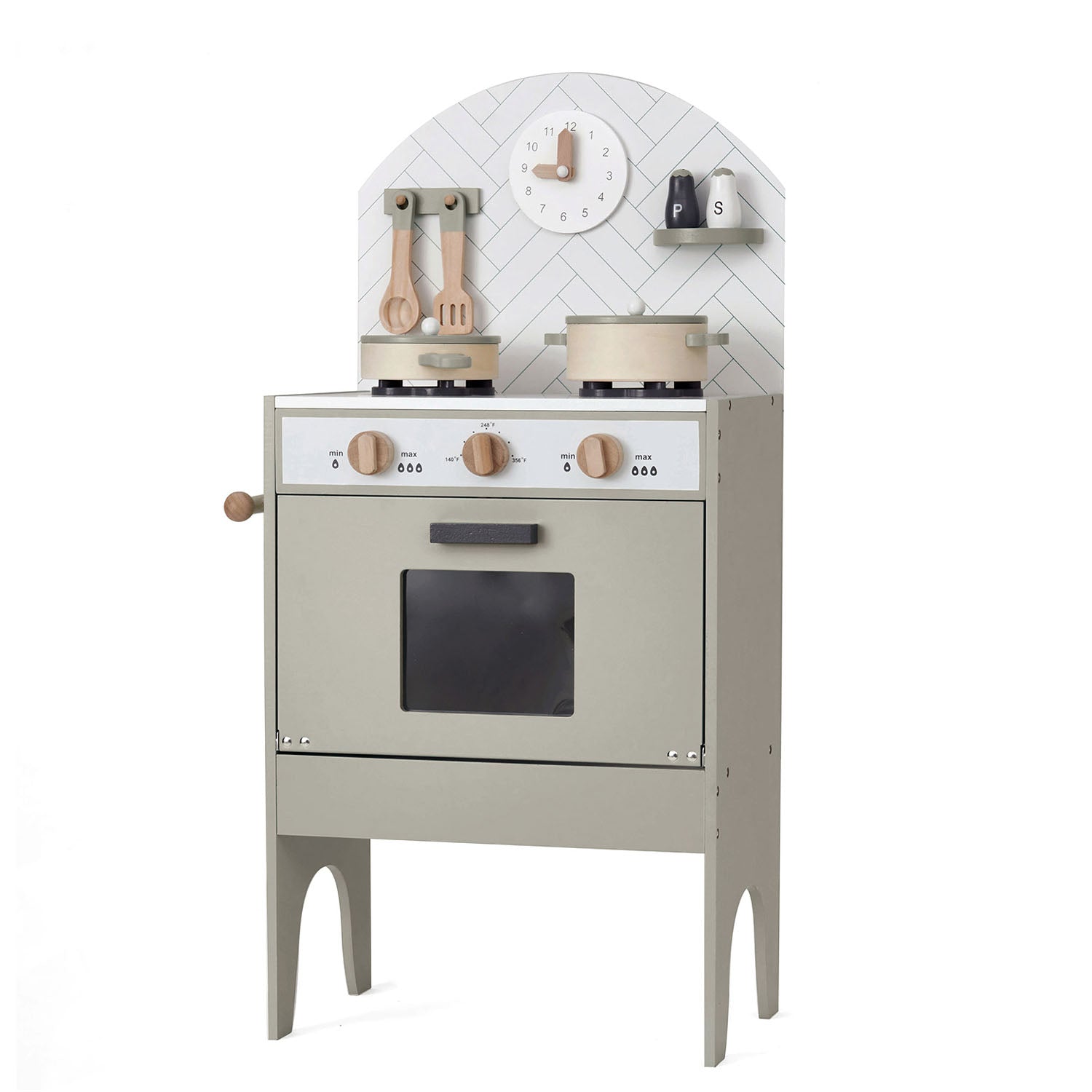 Hooga playroom classic grey play kitchen set with oven, stove, and utensils on a white background.
