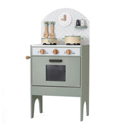 Hooga playroom mint play kitchen set with oven, stove, and utensils on a white background.