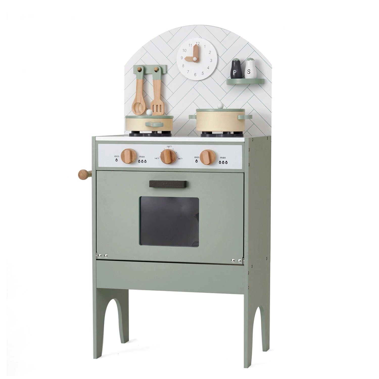 Hooga playroom mint play kitchen set with oven, stove, and utensils on a white background.