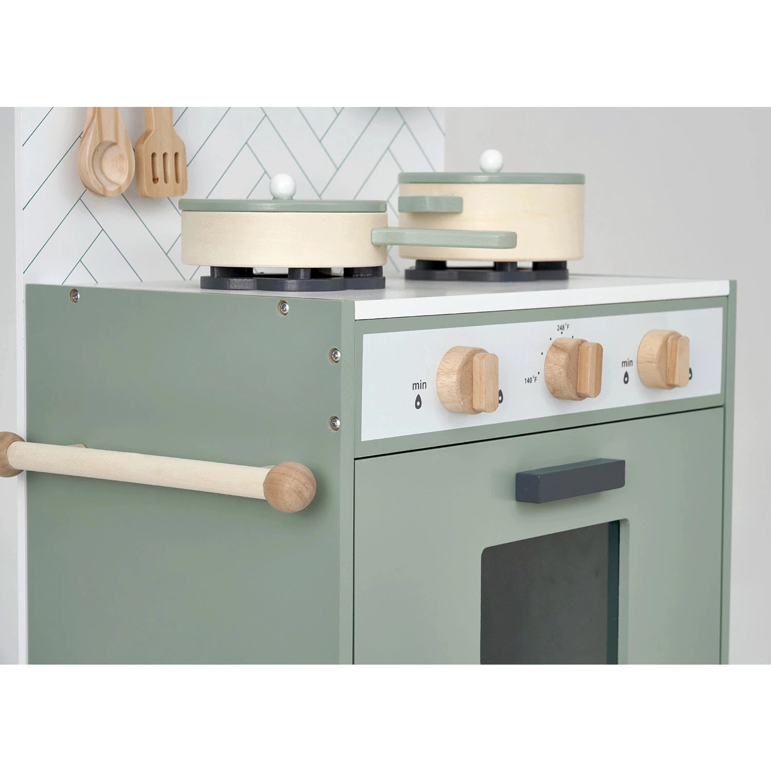 Hooga playroom min kitchen set with mint base, white top, and wooden accessories.
