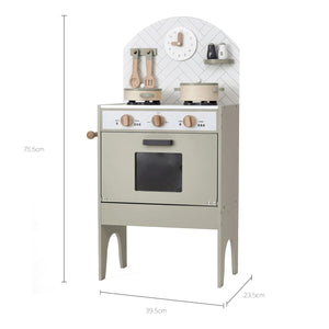 Classic play kitchen set with measurements on a white background