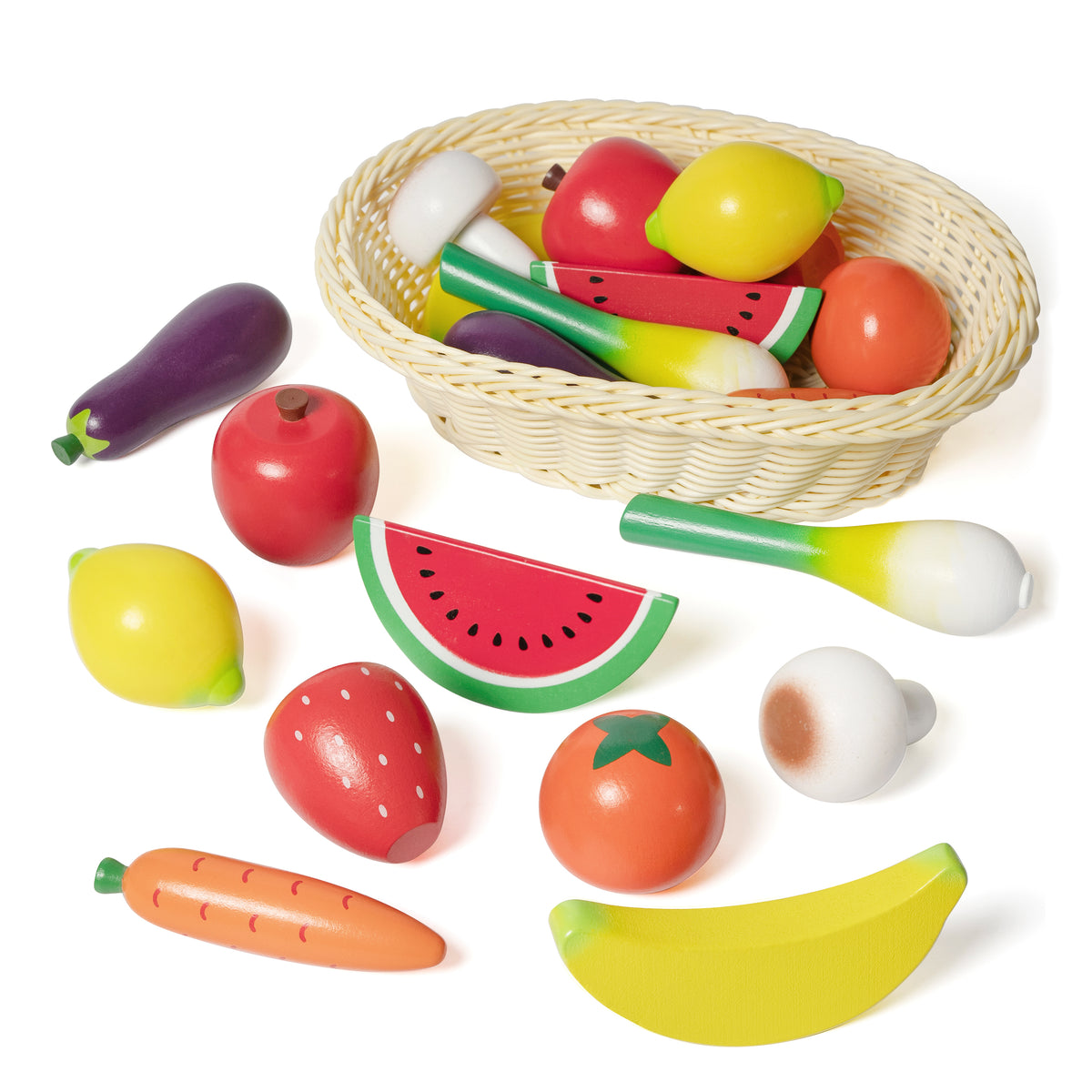 Hooga Playroom Wooden Play Food Set with Basket - 21 Pcs Fruits & Veg.