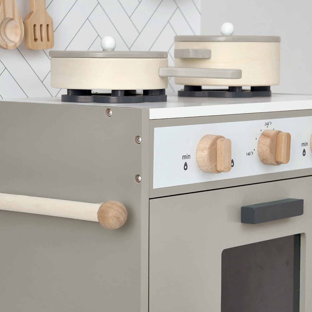 Hooga playroom grey kitchen set with grey base, white top, and wooden accessories.