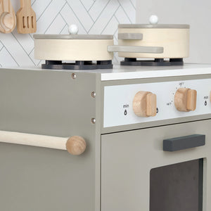 Hooga playroom grey kitchen set with grey base, white top, and wooden accessories.