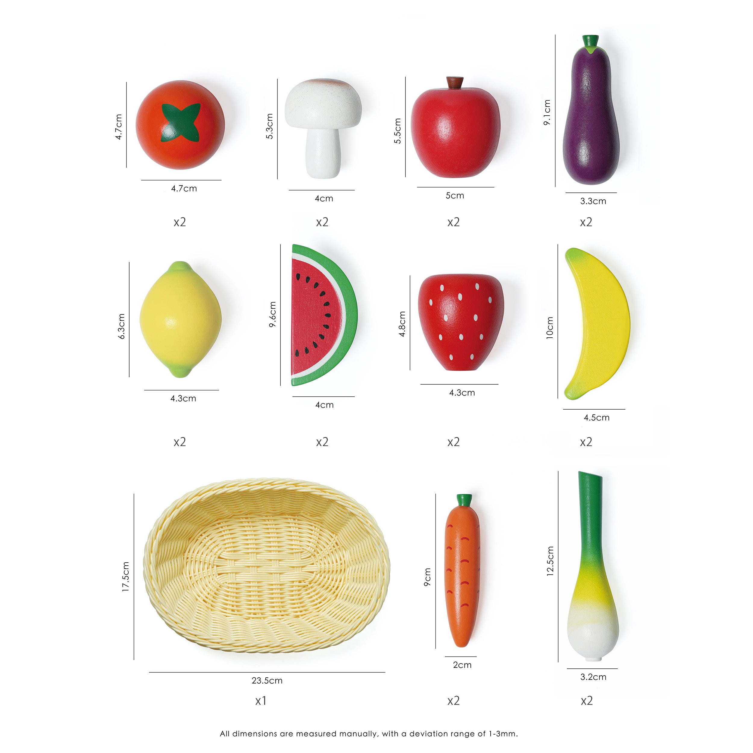 Measurements of the hooga playroom wooden play food fruits and vegetables