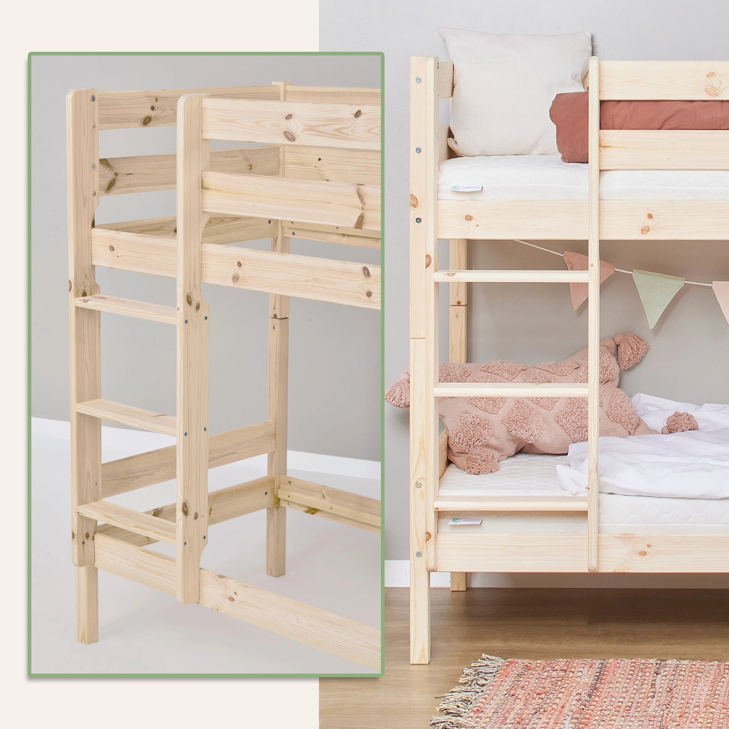 Durable pine bunk bed with sturdy ladder for easy and safe access to the top bunk.