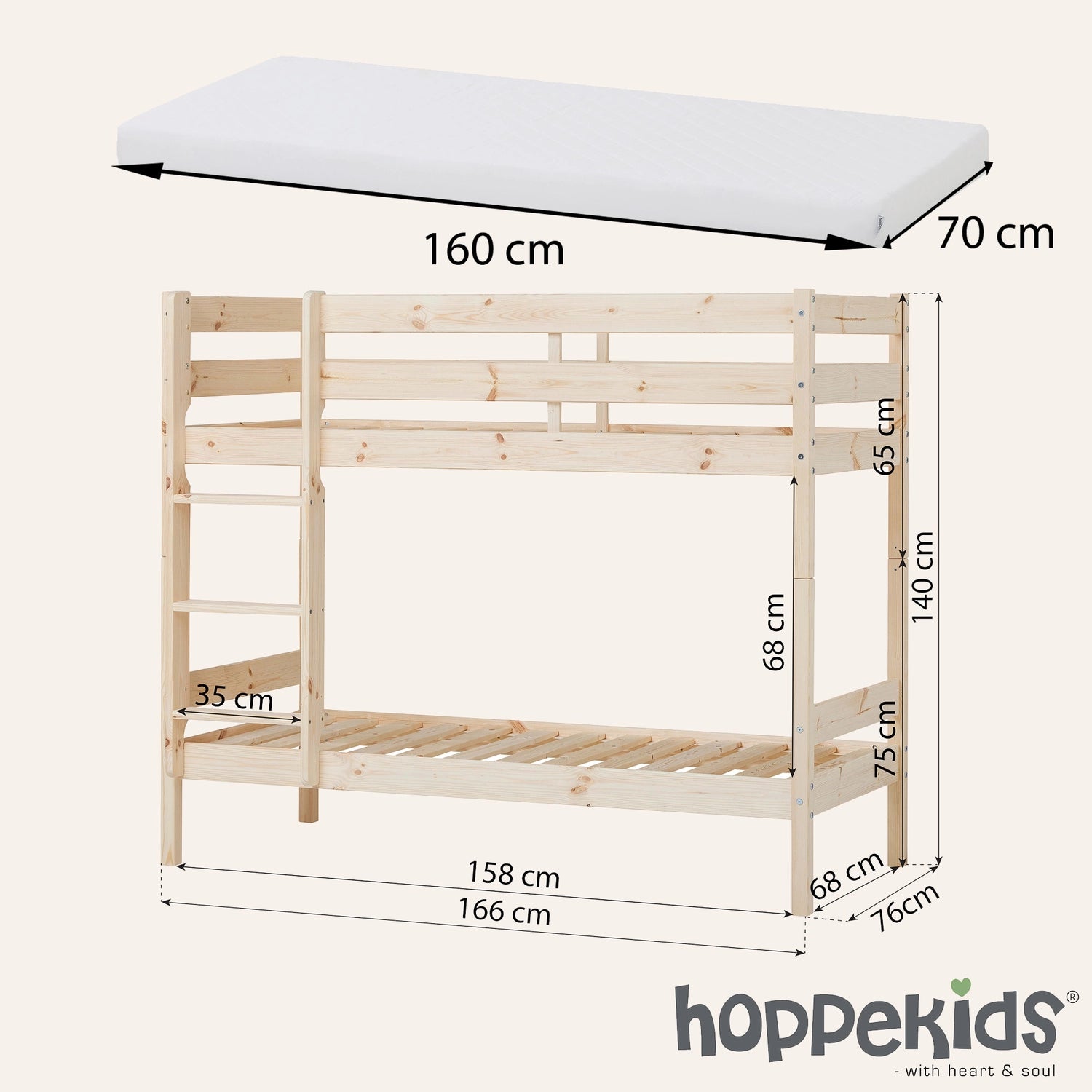 Measurment of the hoppekids eco shorty bunkbed for kids.
