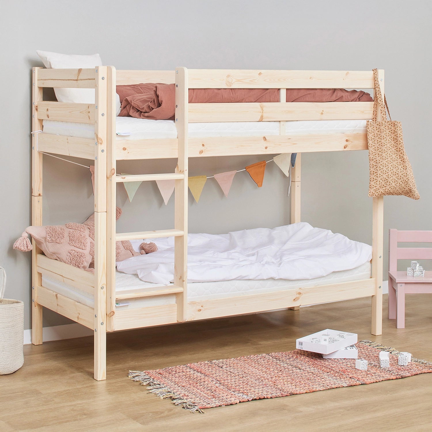 Hoppekids eco shorty bunk bed made from natural pine wood with smooth finish.