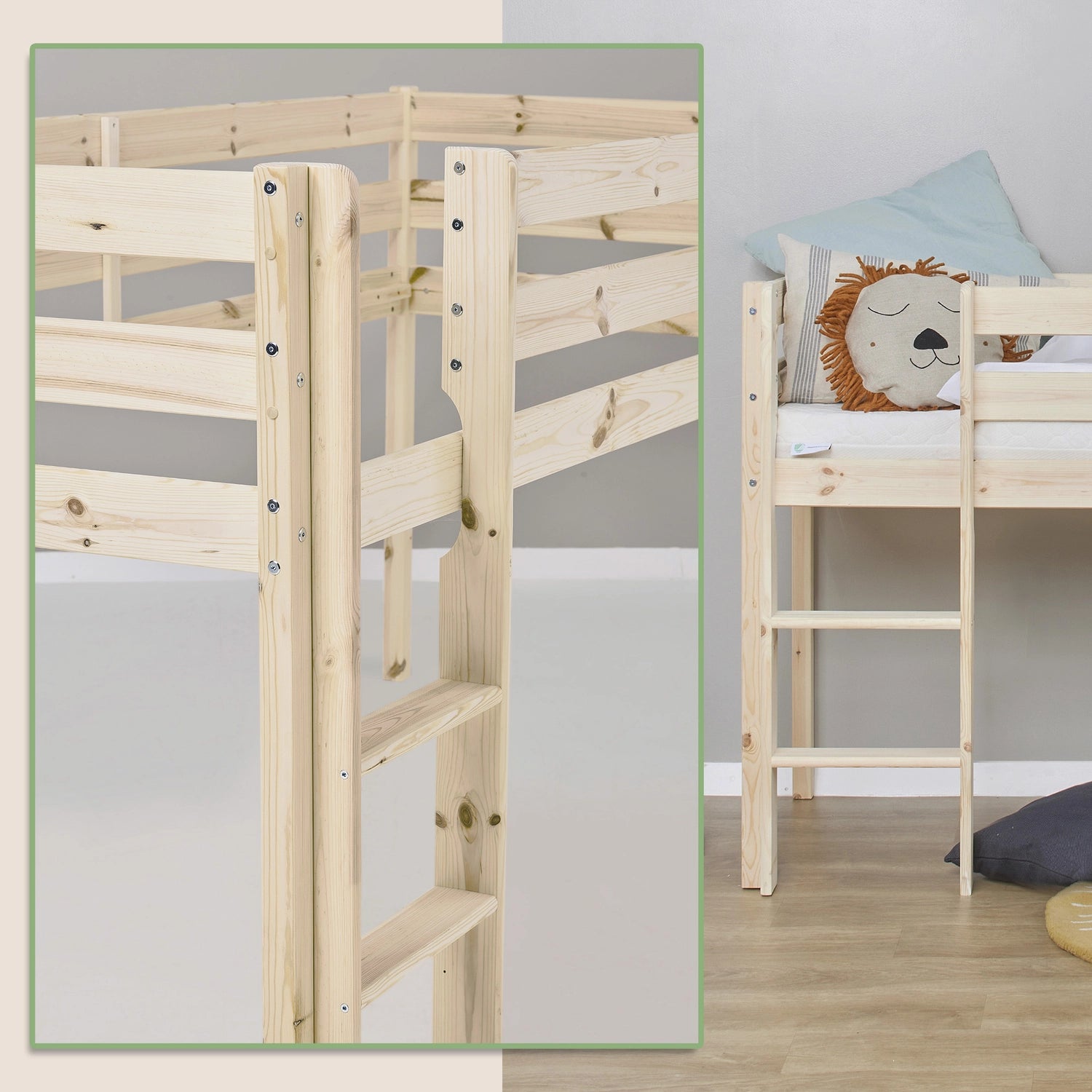 Eco-friendly pine kids midsleeper bed with ladder in natural.