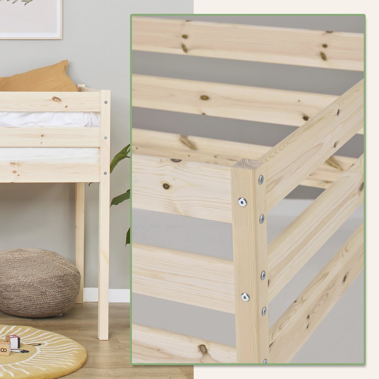 close-up of safety slats on midsleeper bed.