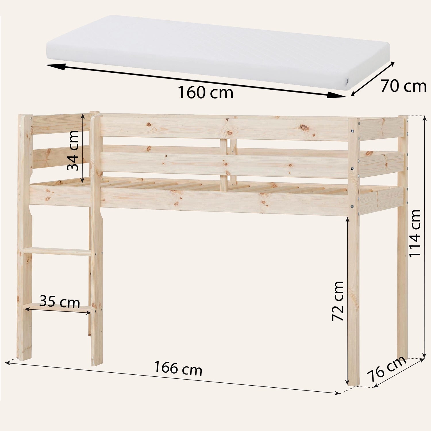 Measurment of the midsleeper bed and mattress.