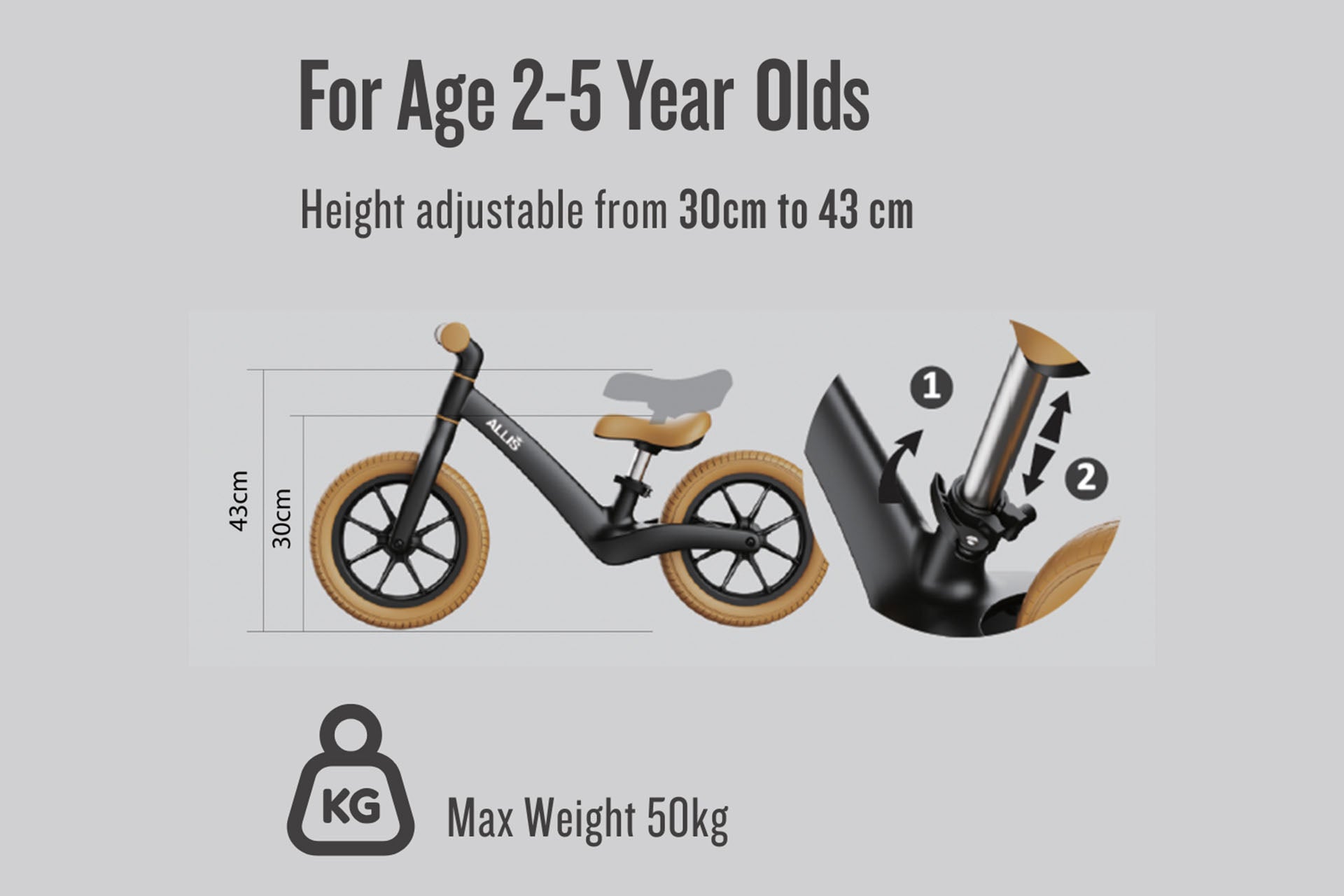 Image showing ride height adjustment for the allis lumi balance bike when seat height is increased from 30cm to 43cm
