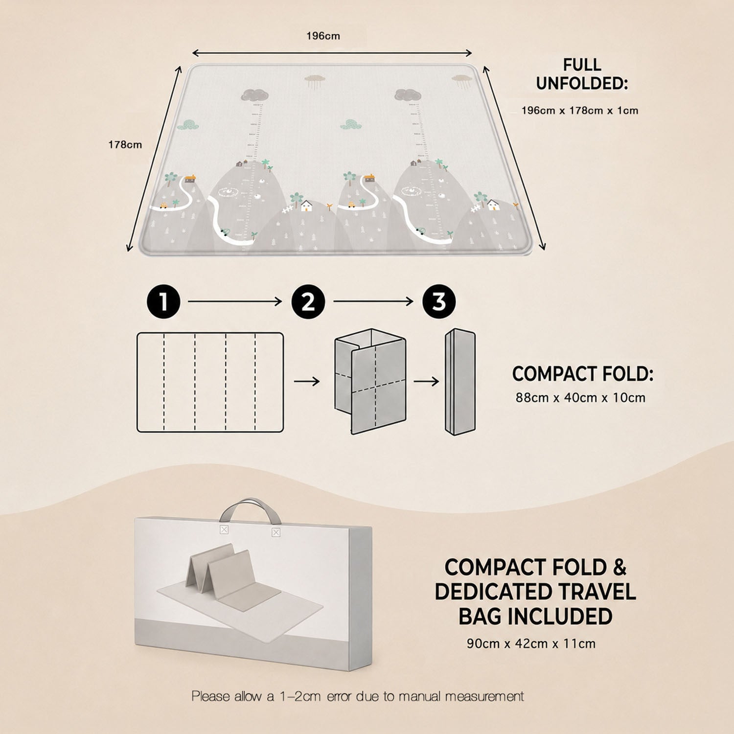 Graphic showing the play mat packed away into its protective carry bag, highlighting its lightweight design for stress-free storage and travel.