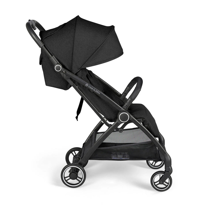 Black Mercury Fold stroller with eye-catching canopy and polka dot seat insert, perfect for stylish parents and their little ones