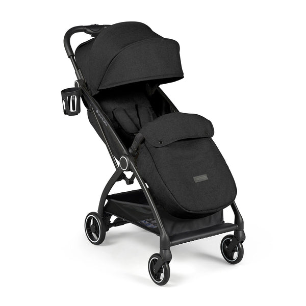 Full-view image of the Ickle Bubba Aries Max Auto Fold Stroller in black, showcasing its sleek design and convenient cup holder.