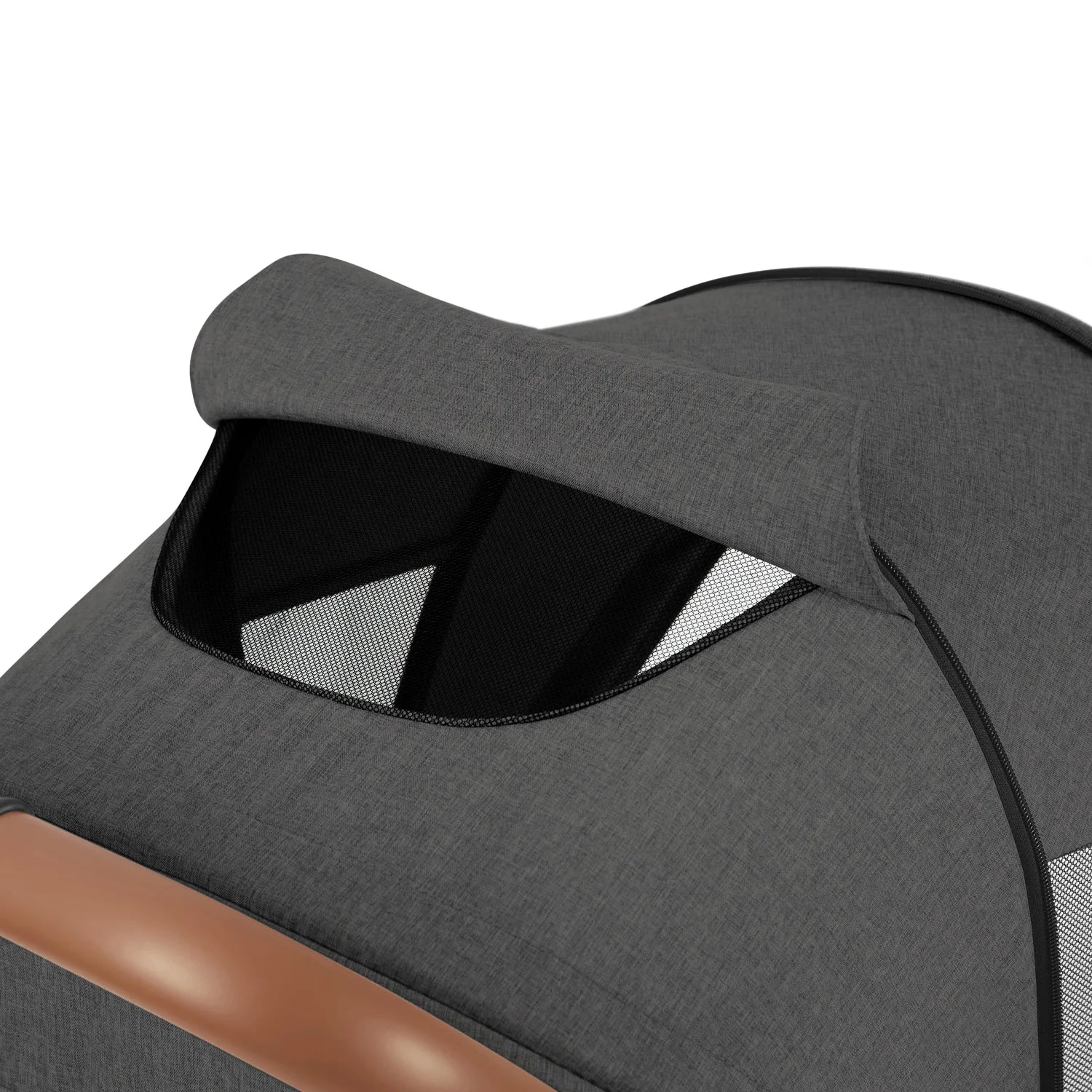 Peekaboo window on stroller hood.