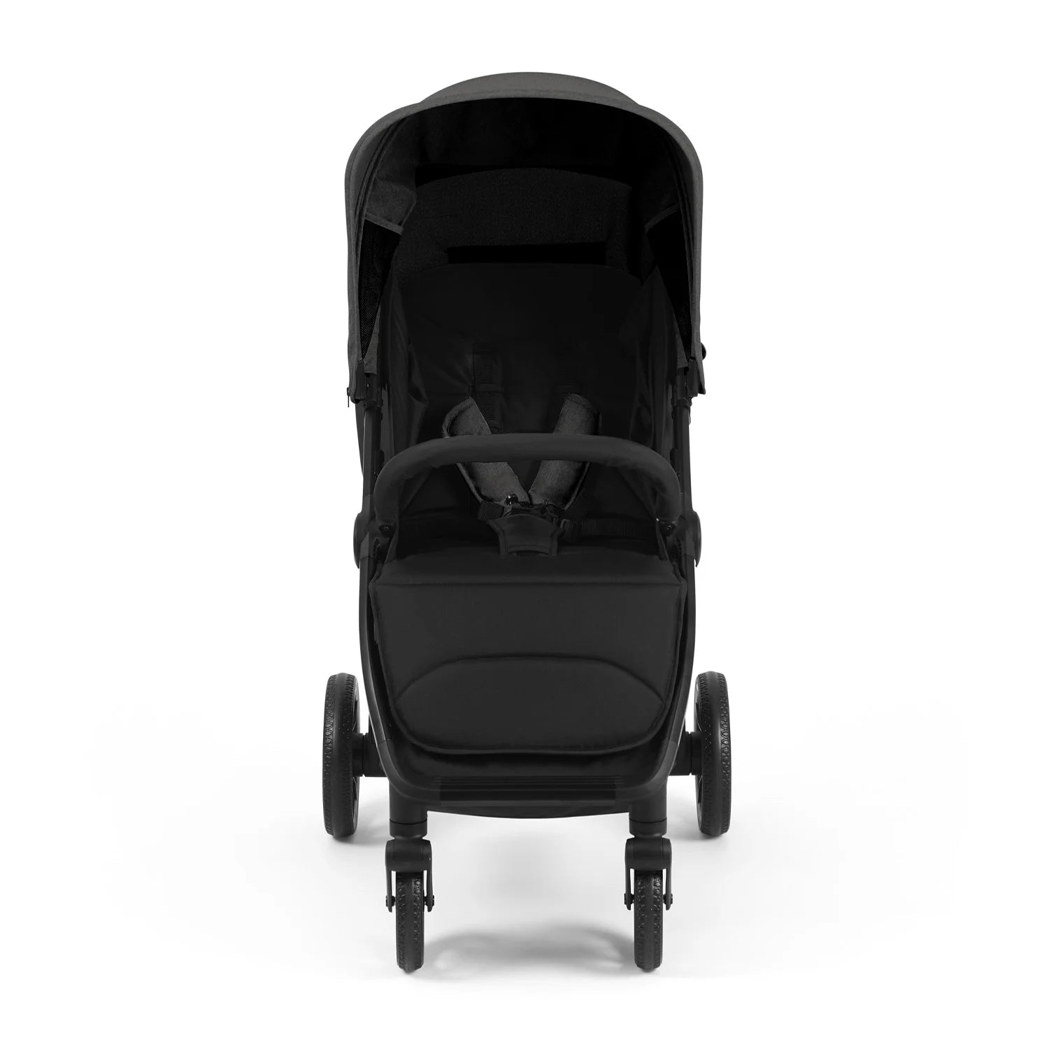 Front view of stroller in white background.