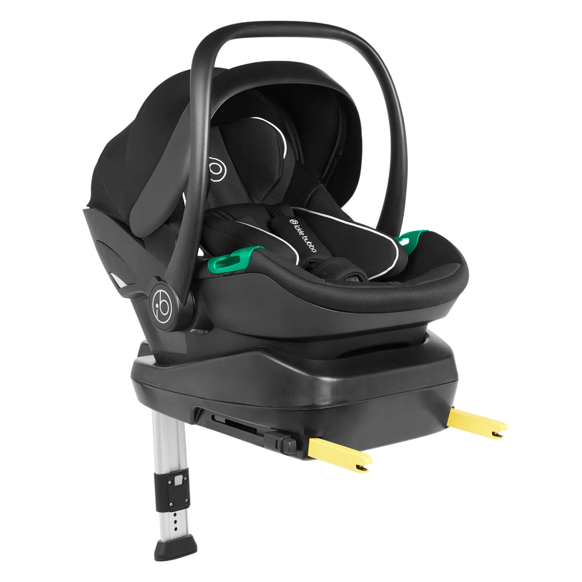 Ickle Bubba Stratus i-Size infant car seat with base installed, black — rear-facing baby carrier