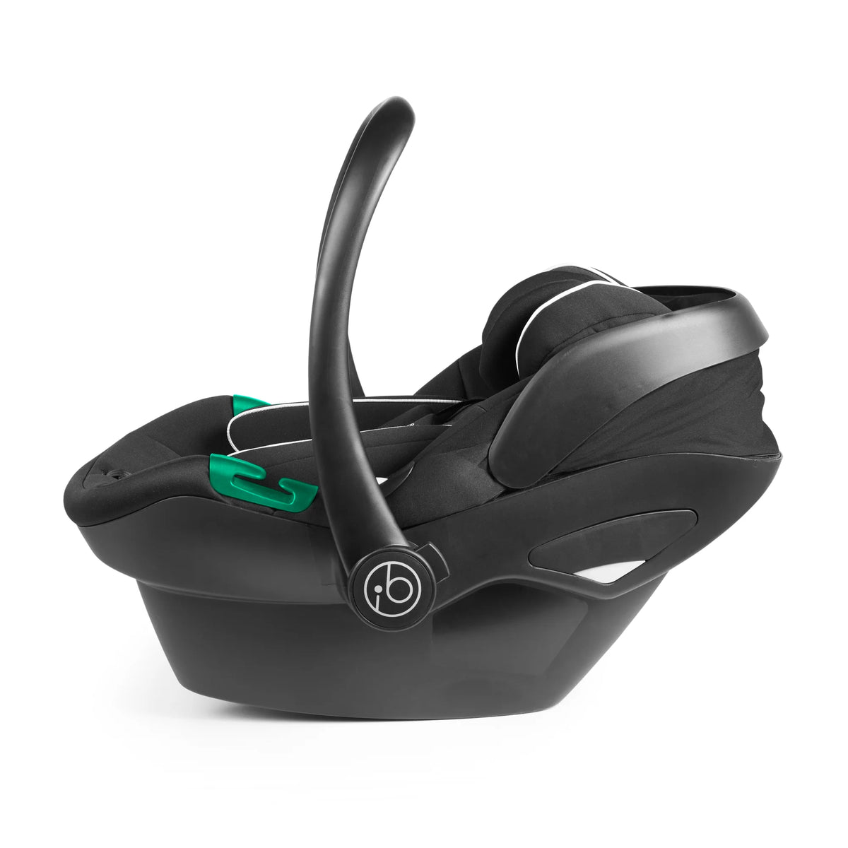 Ickle Bubba Stratus i-Size black car seat showing carry handle, harness and release buttons