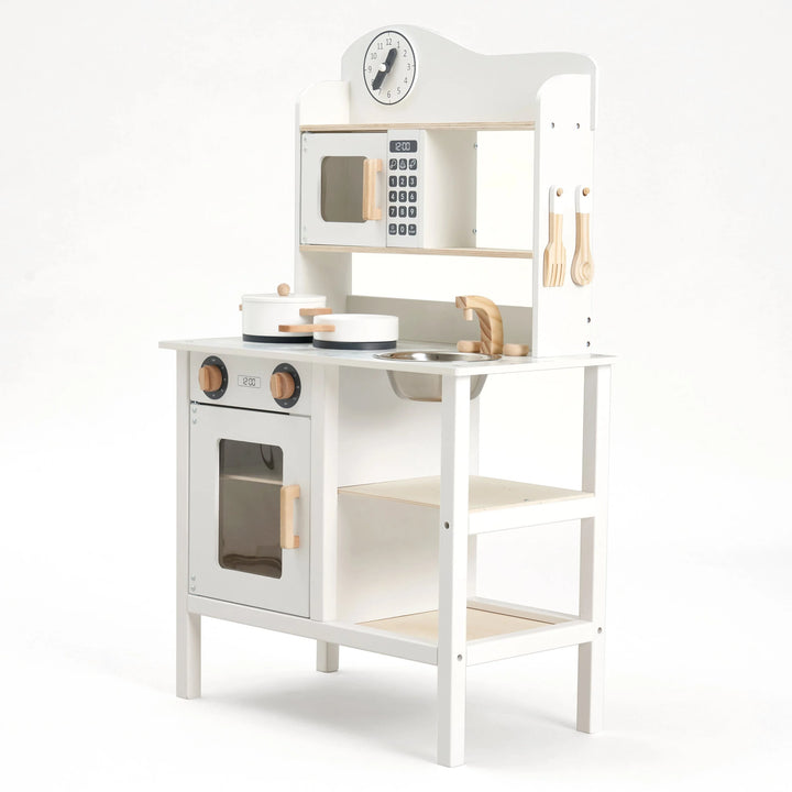  Interactive Wooden Play Kitchen - Signature Essentials' sleek white kitchen is a hub for imaginative play.
